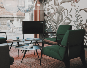 contemporary living space with mural wallpaper