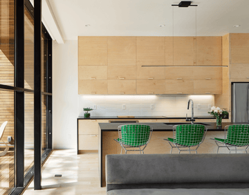 modern minimalist kitchen design neutral colors green stools