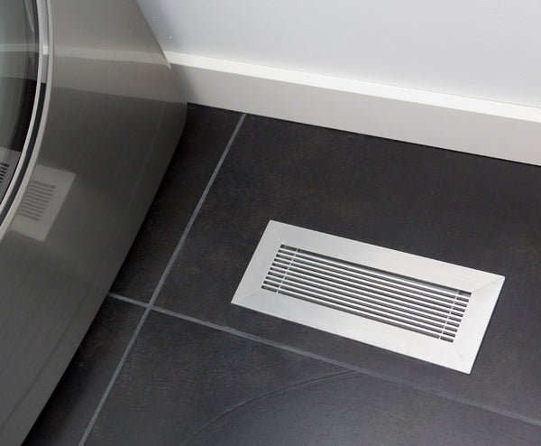 floor vent cover brushed chrome on dark tile laundry room 404 Hosmer by kulgrilles