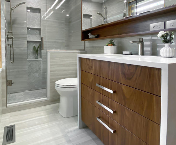 heat register brushed chrome modern bathroom marble tile chrome fixtures Lemmontree by kulgrilles