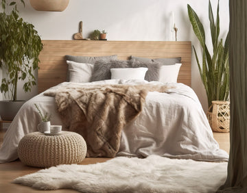 luxurious boho bedroom decor with cozy fur pillows and throws and plants
