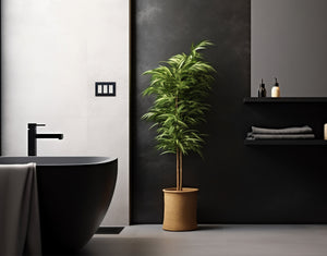 modern bathroom with anodized matte black light-switch plate and black monolith vent cover by kulgrilles