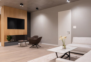 modern living room neutral colors soft greys feature wall with kul plates glacier frost 3g switch plate 1