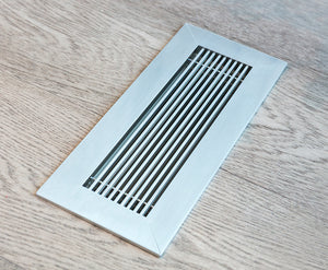 floor vent cover register brushed chrome finish on white oak floor 59 Renfrew by kulgrilles.