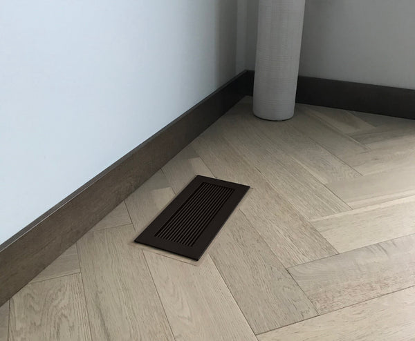 floor vent cover register wenge brown finish on light oak floor with brown trim by kulgrilles