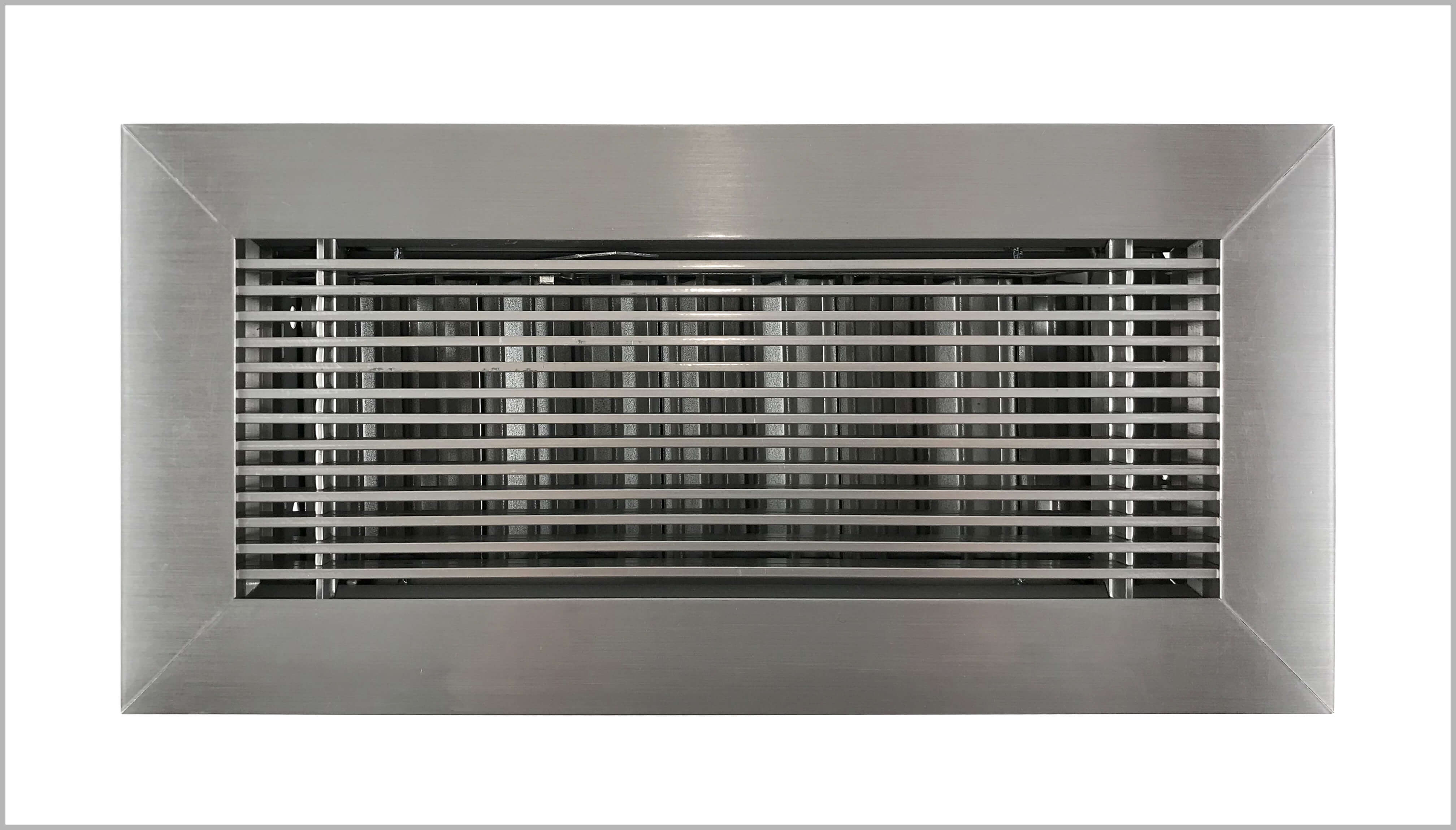 Floor register with opposable blade damper closed front view on brushed chrome finish by kul grilles